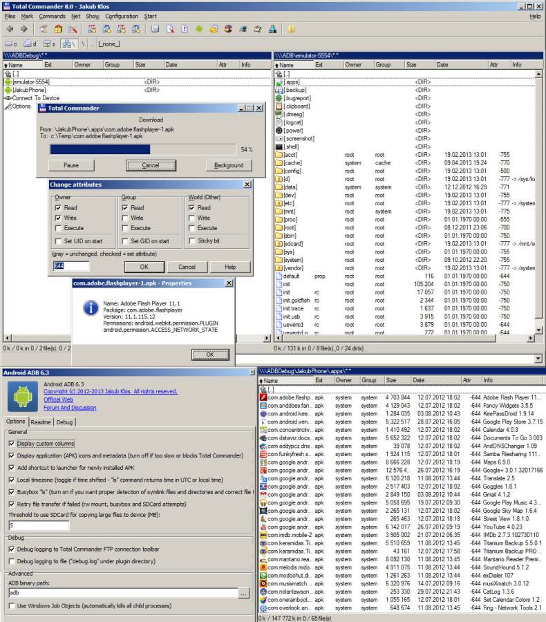 Android ADB Plugin running inside Total Commander, showing Android device file system
