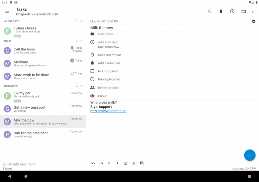 Tasks & Notes app on a tablet, showing a GTD task list with categories